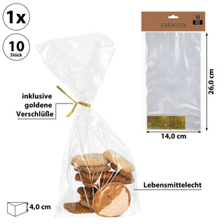 Gebäcktüten 10er Set Folie 14x26x4cm Klarsichttüte Verschluss gold Bodenbeutel lebensmittelecht Tüten