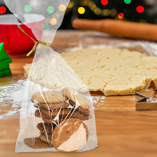 Gebäcktüten 10er Set Folie 14x26x4cm Klarsichttüte Verschluss gold Bodenbeutel lebensmittelecht Tüten