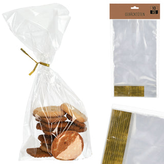 Gebäcktüten 10er Set Folie 14x26x4cm Klarsichttüte Verschluss gold Bodenbeutel lebensmittelecht Tüten