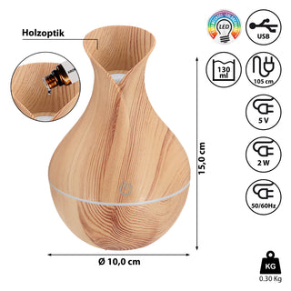 Aroma Diffusor LED Beleuchtung Farbwechsel USB-Kabel Holzoptik 10x15cm Tank 130ml Wellness Luftbefeuchtung Aromatherapie