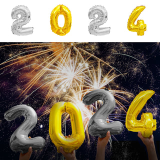Folienballon Set 2024 Ballon Zahlen 2x2 silber 1x0 + 1x4 gold Luftballons Silvester Jahreswechsel Ballondekoration