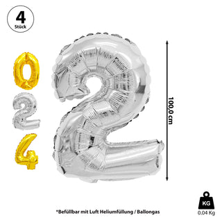 Folienballon Set 2024 Ballon Zahlen 2x2 silber 1x0 + 1x4 gold Luftballons Silvester Jahreswechsel Ballondekoration