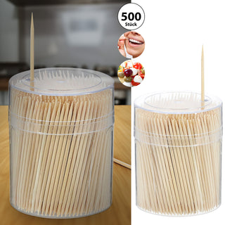 Zahnstocher 500 Stück Bambus 6,5x0,2cm Spenderbox Kunststoffdose Zahnhygiene Aufspießer angespitzte Enden