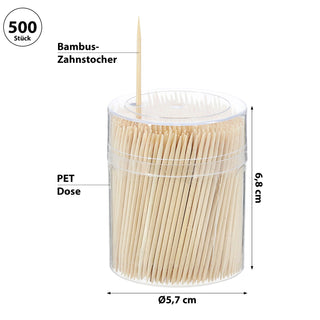 Zahnstocher 500 Stück Bambus 6,5x0,2cm Spenderbox Kunststoffdose Zahnhygiene Aufspießer angespitzte Enden