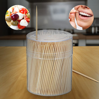 Zahnstocher 500 Stück Bambus 6,5x0,2cm Spenderbox Kunststoffdose Zahnhygiene Aufspießer angespitzte Enden