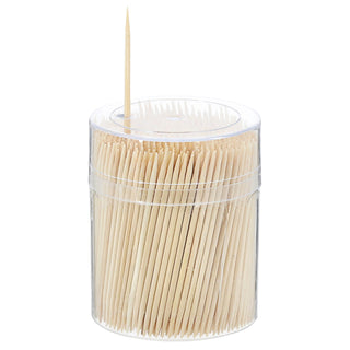 Zahnstocher 500 Stück Bambus 6,5x0,2cm Spenderbox Kunststoffdose Zahnhygiene Aufspießer angespitzte Enden