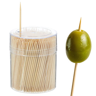 Zahnstocher 500 Stück Bambus 6,5x0,2cm Spenderbox Kunststoffdose Zahnhygiene Aufspießer angespitzte Enden