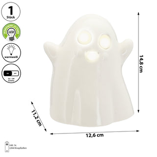 LED Halloween Geist mit Beleuchtung 12,5x15cm Porzellan LED warmweiß batteriebetrieben Stimmungslicht Mottobeleuchtung