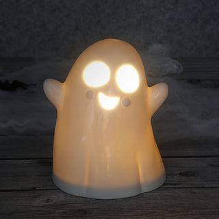 LED Halloween Geist mit Beleuchtung 12,5x15cm Porzellan LED warmweiß batteriebetrieben Stimmungslicht Mottobeleuchtung