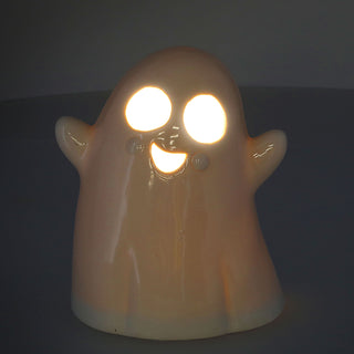 LED Halloween Geist mit Beleuchtung 12,5x15cm Porzellan LED warmweiß batteriebetrieben Stimmungslicht Mottobeleuchtung