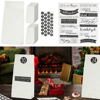Adventskalender DIY Bastelset 68tlg. schwarz weiß Papiertüten 10x23x6cm Sticker Ø2,5cm Zahlen Symbole Sprüche Geschenktüten Tüten