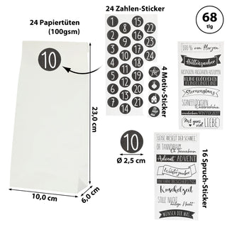 Adventskalender DIY Bastelset 68tlg. schwarz weiß Papiertüten 10x23x6cm Sticker Ø2,5cm Zahlen Symbole Sprüche Geschenktüten Tüten