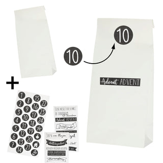 Adventskalender DIY Bastelset 68tlg. schwarz weiß Papiertüten 10x23x6cm Sticker Ø2,5cm Zahlen Symbole Sprüche Geschenktüten Tüten