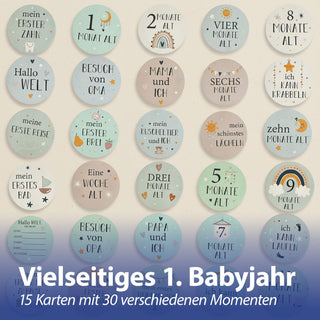 Meilensteinkarten Baby 15tlg. Ø10cm Papier 1200gsm Pastelltöne beiseitig bedruckt 30 Motive Erinnerungsmomente Ereigniskarten Erinnerungsset