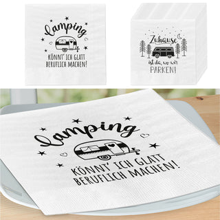Servietten 'Camping' 2 Motive 80er Set 33x33cm 3-lagig Papierserviette stoffähnlich Wohnwagen Campingmobil