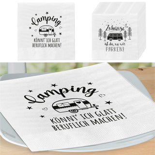 Servietten 'Camping' 2 Motive 80er Set 33x33cm 3-lagig Papierserviette stoffähnlich Wohnwagen Campingmobil