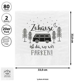 Servietten 'Camping' 2 Motive 80er Set 33x33cm 3-lagig Papierserviette stoffähnlich Wohnwagen Campingmobil
