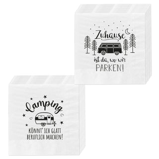 Servietten 'Camping' 2 Motive 80er Set 33x33cm 3-lagig Papierserviette stoffähnlich Wohnwagen Campingmobil