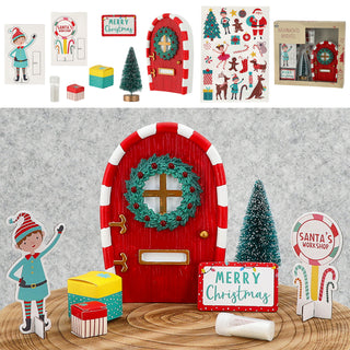 Wichteltür DIY Set 9tlg. Polyresin Pappe Tür Tanne Schnee Elf Türmatte Schild Geschenke Stickerbogen Bausatz