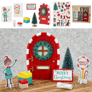 Wichteltür DIY Set 9tlg. Polyresin Pappe Tür Tanne Schnee Elf Türmatte Schild Geschenke Stickerbogen Bausatz