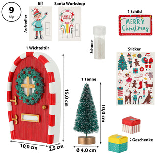Wichteltür DIY Set 9tlg. Polyresin Pappe Tür Tanne Schnee Elf Türmatte Schild Geschenke Stickerbogen Bausatz