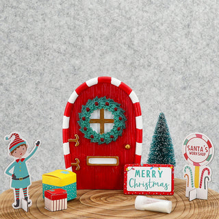 Wichteltür DIY Set 9tlg. Polyresin Pappe Tür Tanne Schnee Elf Türmatte Schild Geschenke Stickerbogen Bausatz