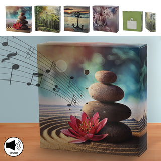 1/4x Soundbox Bewegungsmelder 4 Motive 12x12x3,5cm Pappe Kunststoff batteriebetrieben Meditationssound Lautstärke regulierbar