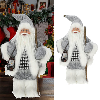 Weihnachtsmann Figur mit Lampe und Stock grau weiß 20x30x10cm Polyester PE Vinyl Weihnachtsmannpuppe Dekoration