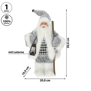 Weihnachtsmann Figur mit Lampe und Stock grau weiß 20x30x10cm Polyester PE Vinyl Weihnachtsmannpuppe Dekoration