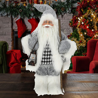 Weihnachtsmann Figur mit Lampe und Stock grau weiß 20x30x10cm Polyester PE Vinyl Weihnachtsmannpuppe Dekoration