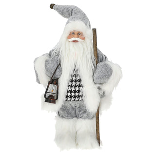 Weihnachtsmann Figur mit Lampe und Stock grau weiß 20x30x10cm Polyester PE Vinyl Weihnachtsmannpuppe Dekoration