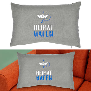 Kissen 'Heimathafen/Glück Ahoi' 50x30cm grau blau weiß Baumwolle Polyester 280g Füllung Sofakissen Kuschelkissen maritim