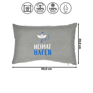 Kissen 'Heimathafen/Glück Ahoi' 50x30cm grau blau weiß Baumwolle Polyester 280g Füllung Sofakissen Kuschelkissen maritim