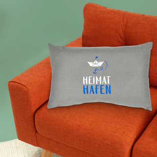 Kissen 'Heimathafen/Glück Ahoi' 50x30cm grau blau weiß Baumwolle Polyester 280g Füllung Sofakissen Kuschelkissen maritim