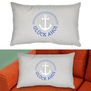 Kissen 'Heimathafen/Glück Ahoi' 50x30cm grau blau weiß Baumwolle Polyester 280g Füllung Sofakissen Kuschelkissen maritim
