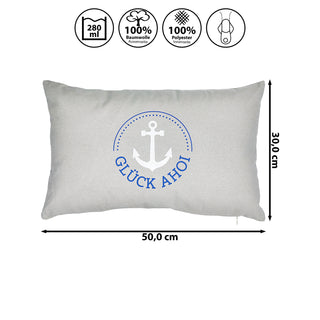 Kissen 'Heimathafen/Glück Ahoi' 50x30cm grau blau weiß Baumwolle Polyester 280g Füllung Sofakissen Kuschelkissen maritim