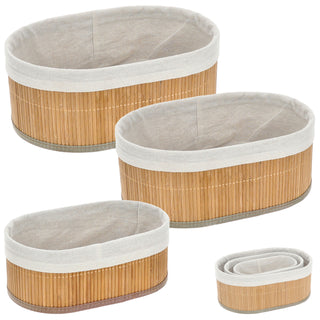 Aufbewahrungskorb oval 3er Set Bambus Leinen 3 Größen Utensilienkorb Badezimmerkorb Bambuskörbchen