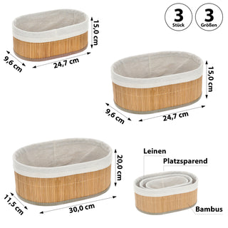 Aufbewahrungskorb oval 3er Set Bambus Leinen 3 Größen Utensilienkorb Badezimmerkorb Bambuskörbchen