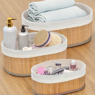 Aufbewahrungskorb oval 3er Set Bambus Leinen 3 Größen Utensilienkorb Badezimmerkorb Bambuskörbchen