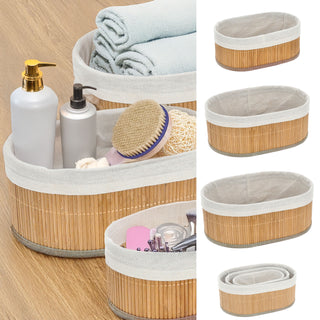 Aufbewahrungskorb oval 3er Set Bambus Leinen 3 Größen Utensilienkorb Badezimmerkorb Bambuskörbchen