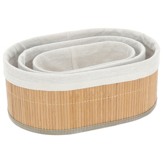 Aufbewahrungskorb oval 3er Set Bambus Leinen 3 Größen Utensilienkorb Badezimmerkorb Bambuskörbchen