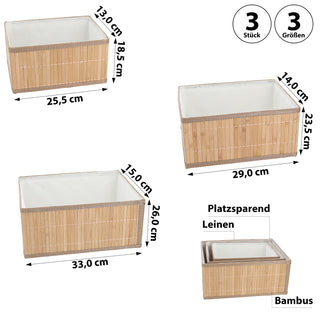 Aufbewahrungskorb rechteckig 3er Set Bambus Leinen 3 Größen Utensilienkorb Badezimmerkorb Bambuskörbchen
