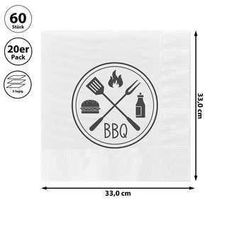 Servietten 'BBQ' 60er Set 33x33cm 3-lagig Papierserviette stoffähnlich Grillzubehör Tischdeko Grillserviette