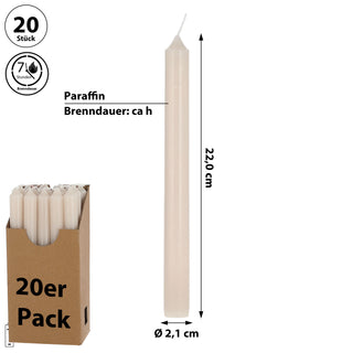 Stabkerze 20er Set weiß/creme/rosa/rubinrot/weinrot/grün/grau 2,1x22cm Paraffin Dekokerze Kerze Leuchterkerzen Wachskerze Echtwachs Brenndauer 7h