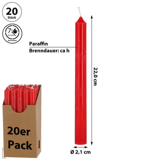 Stabkerze 20er Set weiß/creme/rosa/rubinrot/weinrot/grün/grau 2,1x22cm Paraffin Dekokerze Kerze Leuchterkerzen Wachskerze Echtwachs Brenndauer 7h