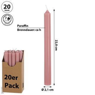 Stabkerze 20er Set weiß/creme/rosa/rubinrot/weinrot/grün/grau 2,1x22cm Paraffin Dekokerze Kerze Leuchterkerzen Wachskerze Echtwachs Brenndauer 7h