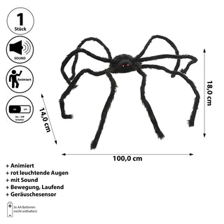 Spinne animiert schwarz 100x18x14cm Styropor Polyester Halloween-Deko Gruselspinne rot leuchtende Augen Sound Bewegung Geräuschesensor batteriebetrieben