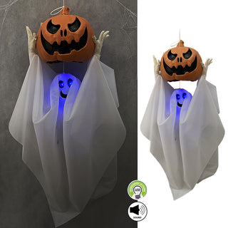 Geist Kürbiskopf Halloween animiert 32x90x15cm weiß schwarz orange PE Polyester Licht Sound Bewegung Geräuschsensor