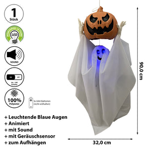 Geist Kürbiskopf Halloween animiert 32x90x15cm weiß schwarz orange PE Polyester Licht Sound Bewegung Geräuschsensor