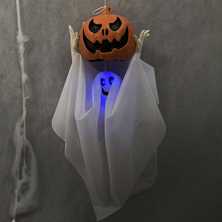 Geist Kürbiskopf Halloween animiert 32x90x15cm weiß schwarz orange PE Polyester Licht Sound Bewegung Geräuschsensor